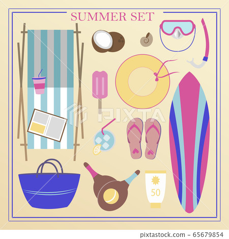 A set of flat beach summer items. Accessories for beach holidays by the sea. Swimsuit, diving cylinders, sunbed, camera and other icons for creating summer posters. 65679854