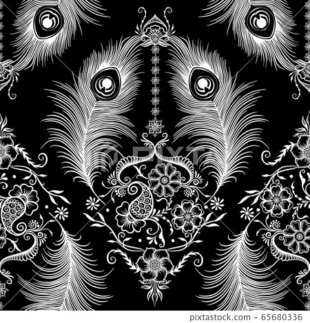 Peacock feathers mehendi, traditional indian henna floral ornament. 65680336