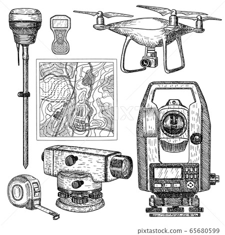 Geodetic equipment hand drawn vector illustration. Measuring instruments engraved style. Geodetic equipment hand drawn vector illustration. Measuring instruments engraved style. 65680599