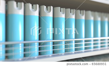 Many generic blue spray cans on a store shelf, 3D rendering 65680931