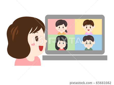 Illustration of a woman holding an online meeting 65681082