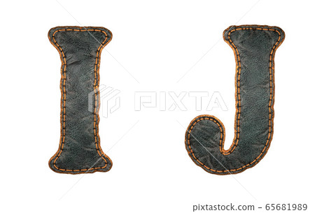 Set of leather letters I, J uppercase. 3D render font with skin texture isolated on white background. 65681989