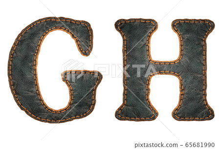Set of leather letters G, H uppercase. 3D render font with skin texture isolated on white background. 65681990