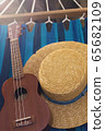 straw hat and ukulele on a hammock 65682109