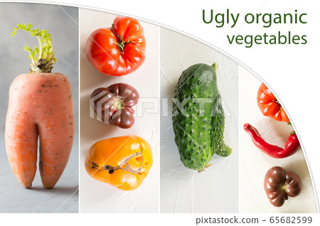 Collage of ugly vegetables, carrot, tomato, 65682599