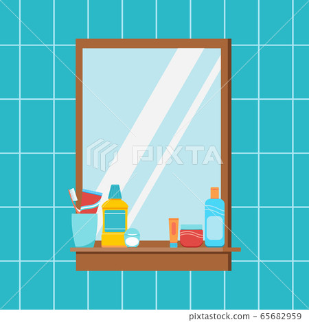 Mirror in bathroom with hygiene accessories on shelf. 65682959
