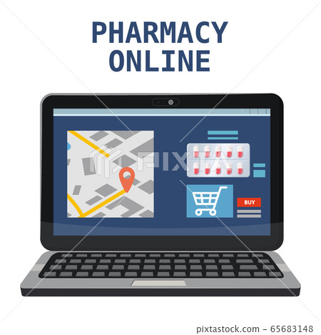 Online pharmacy store offers drugs pills bottles. Laptop consept site healthcare and shopping medicines. Vector isolated cartoon flat style illustration 65683148
