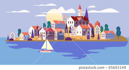 Coastal exotic resort city seaside island houses hotels, skyscrapers at vivid sunset on the ocean beach. Minimal trendy geometric flat style, vector, illustration isolated Coastal exotic resort city seaside island houses hotels, skyscrapers at vivid sunset on the ocean beach. Minimal trendy geometric flat style, vector, illustration isolated 65683149