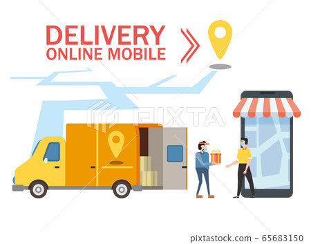 Safe delivery COVID-19 coronavirus epidemic. Courier in protective medical mask delivers goods grocery products food by car order tracking online. Non contact delivery, stay home consept. Vector Safe delivery COVID-19 coronavirus epidemic. Courier in protective medical mask delivers goods grocery products food by car order tracking online. Non contact delivery, stay home consept. Vector 65683150