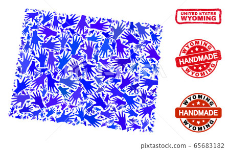 Hand Collage of Wyoming State Map and Textured Handmade Stamps 65683182
