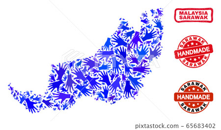 Hand Collage of Sarawak State Map and Textured Handmade Seals Hand Collage of Sarawak State Map and Textured Handmade Seals 65683402