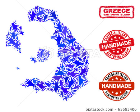 Hand Composition of Santorini Island Map and Grunge Handmade Stamps Hand Composition of Santorini Island Map and Grunge Handmade Stamps 65683406