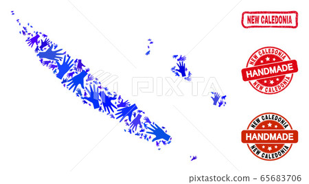 Hand Composition of New Caledonia Islands Map and Textured Handmade Stamps Hand Composition of New Caledonia Islands Map and Textured Handmade Stamps 65683706