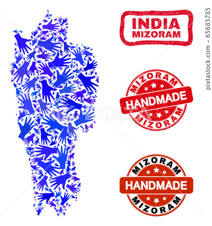 Hand Composition of Mizoram State Map and Textured Handmade Stamps 65683785