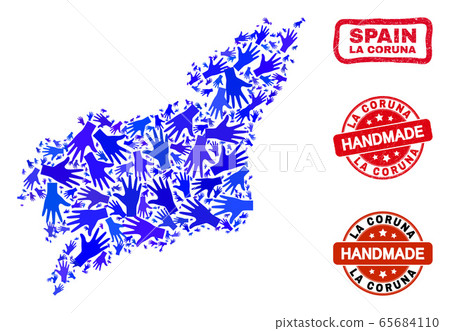 Hand Collage of La Coruna Province Map and Distress Handmade Stamps 65684110