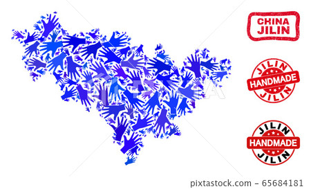 Hand Composition of Jilin Province Map and Scratched Handmade Stamps 65684181