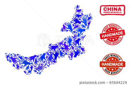 Hand Collage of Inner Mongolia Map and Grunge Handmade Stamps Hand Collage of Inner Mongolia Map and Grunge Handmade Stamps 65684229