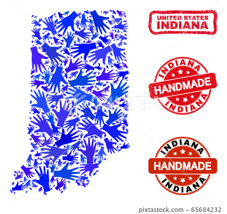 Hand Composition of Indiana State Map and Scratched Handmade Seals 65684232
