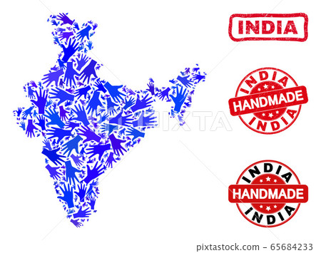 Hand Collage of India Map and Distress Handmade Seals Hand Collage of India Map and Distress Handmade Seals 65684233