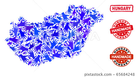 Hand Composition of Hungary Map and Distress Handmade Seals Hand Composition of Hungary Map and Distress Handmade Seals 65684248