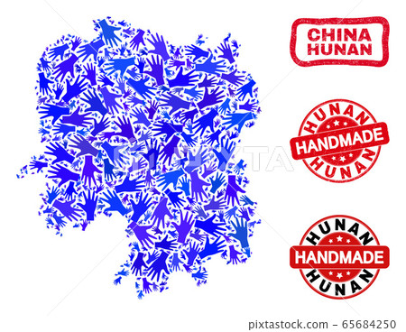 Hand Composition of Hunan Province Map and Grunge Handmade Stamps Hand Composition of Hunan Province Map and Grunge Handmade Stamps 65684250