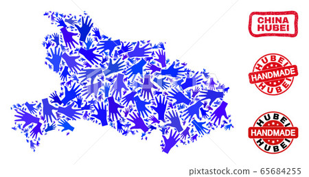 Hand Collage of Hubei Province Map and Distress Handmade Seals 65684255
