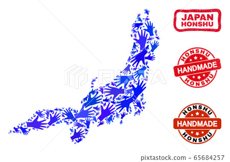 Hand Collage of Honshu Island Map and Grunge Handmade Stamps Hand Collage of Honshu Island Map and Grunge Handmade Stamps 65684257