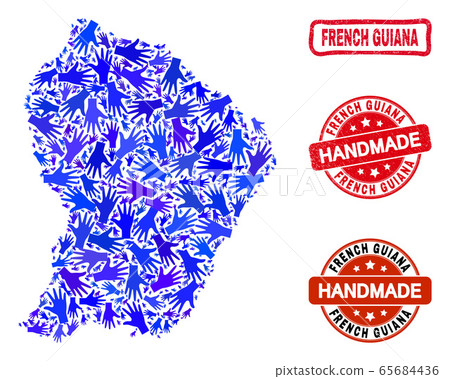 Hand Composition of French Guiana Map and Textured Handmade Stamps Hand Composition of French Guiana Map and Textured Handmade Stamps 65684436