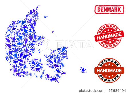 Hand Composition of Denmark Map and Textured Handmade Stamps 65684494