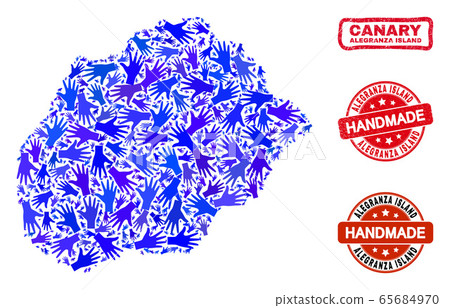 Hand Composition of Alegranza Island Map and Textured Handmade Stamps 65684970