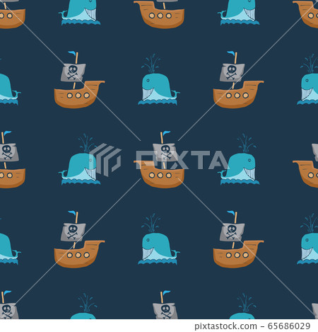 Pirate boat and whale Seamless pattern. Cute... - Stock Illustration ...