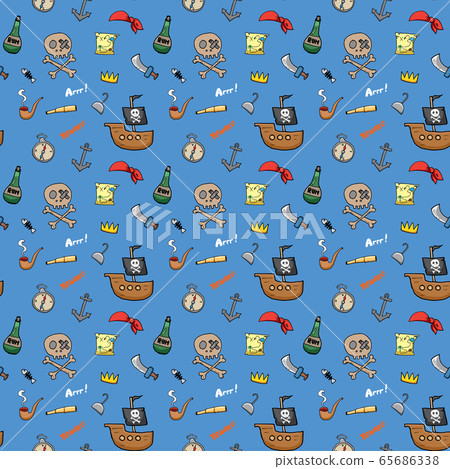 Pirate Doodles Seamless pattern. Cute pirate items sketch. Hand drawn Cartoon Vector illustration. 65686338