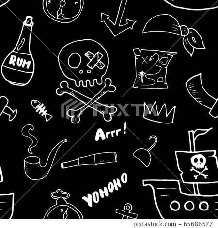 Pirate Doodles Seamless pattern. Cute pirate items sketch. Hand drawn Cartoon Vector illustration. 65686377