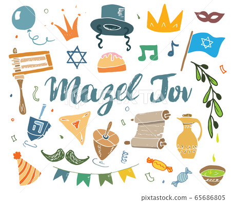 Mazel tov lettering, Jewish holiday hand drawn items set, vector illustration. Mazel tov lettering, Jewish holiday hand drawn items set, vector illustration. 65686805