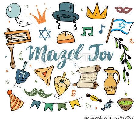 Mazel tov lettering, Jewish holiday hand drawn items set, vector illustration. Mazel tov lettering, Jewish holiday hand drawn items set, vector illustration. 65686808