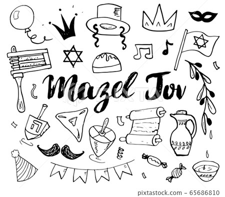 Mazel tov lettering, Jewish holiday hand drawn items set, vector illustration. Mazel tov lettering, Jewish holiday hand drawn items set, vector illustration. 65686810
