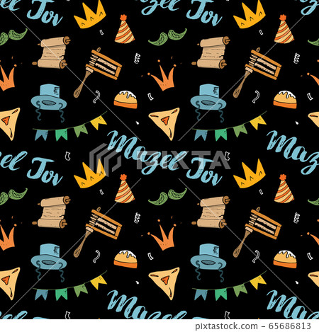 Mazel tov seamless pattern, Jewish holiday hand drawn items, vector illustration. 65686813