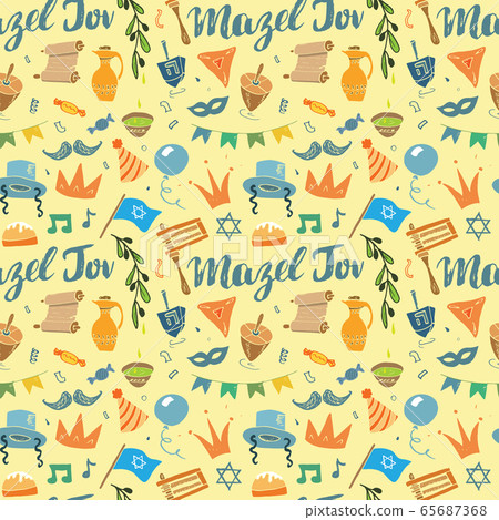 Mazel tov seamless pattern, Jewish holiday hand drawn items, vector illustration. 65687368