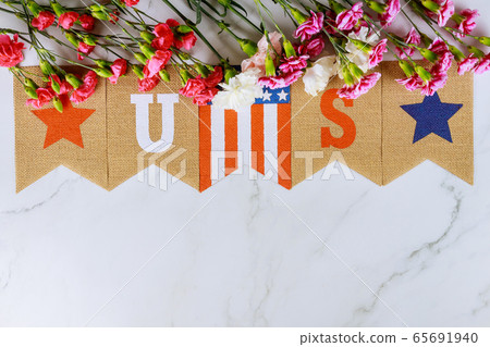 Memorial day with American flag text US on pink 65691940