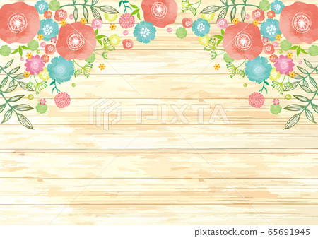 斯堪的納維亞風格：木紋框架手繪線描葉綠色圖圖標花水彩自然 65691945