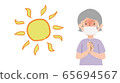 Illustration of a grandmother wearing a mask and suffering from heat stroke 65694567