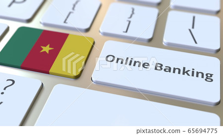 Online Banking text and flag of Cameroon on the keyboard. Internet finance related conceptual 3D rendering 65694775