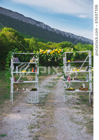Wedding on a plate green background and a 65697306