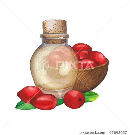 Watercolor essential oil bottle decorated with goji berries and wooden bowl 65698067