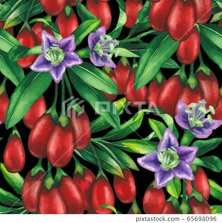 Seamless pattern of watercolor goji berries, flowers and leaves. 65698096