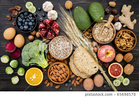 Ingredients for the healthy foods selection. 65698578