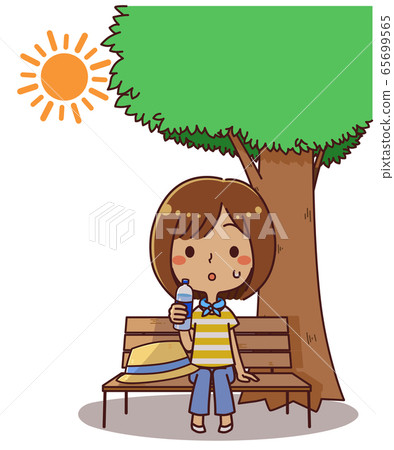 一個女人在樹蔭下休息以防中暑 一個女人在樹蔭下休息以防中暑 65699565