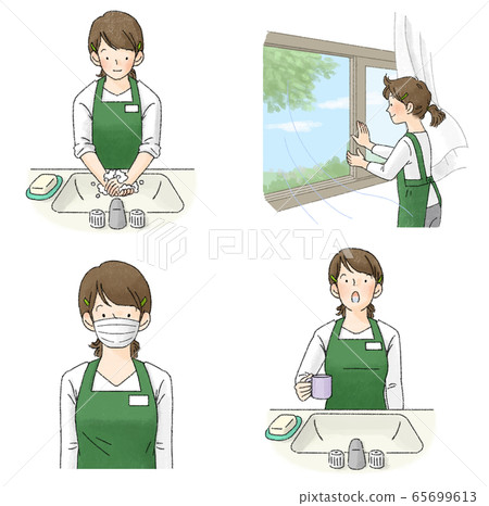 Infection prevention gargle, hand washing, ventilation, mask set (female clerk) Infection prevention gargle, hand washing, ventilation, mask set (female clerk) 65699613