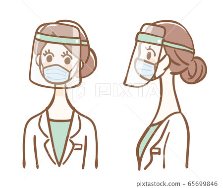 White coat woman face shield front sideways 65699846