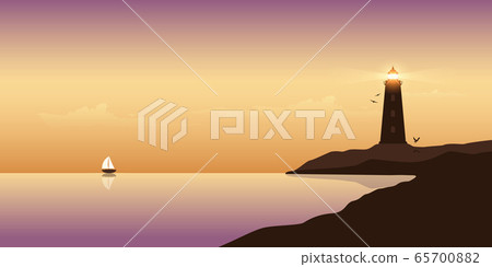sailboat and lighthouse by the ocean at sunset... - Stock Illustration ...